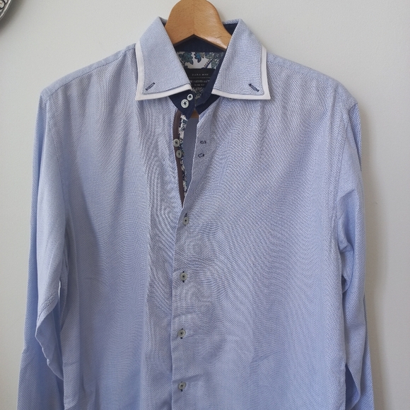 Zara Men's Basic Blue Slim-Fit Dress Shirt Size XL US - Picture 3 of 11